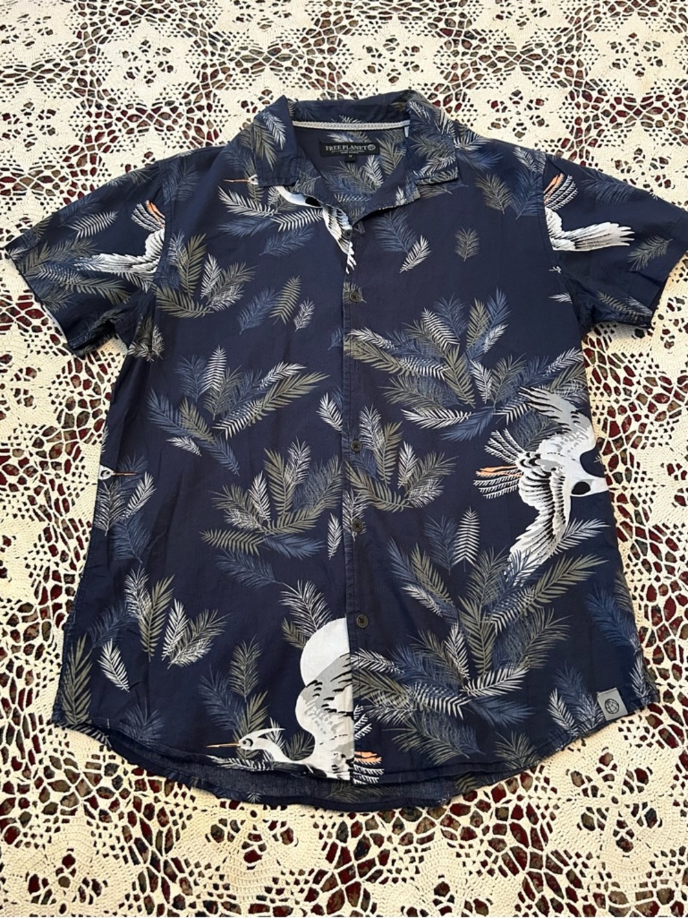 Free Planet Navy Blue Palm & Crane Short Sleeve Shirt